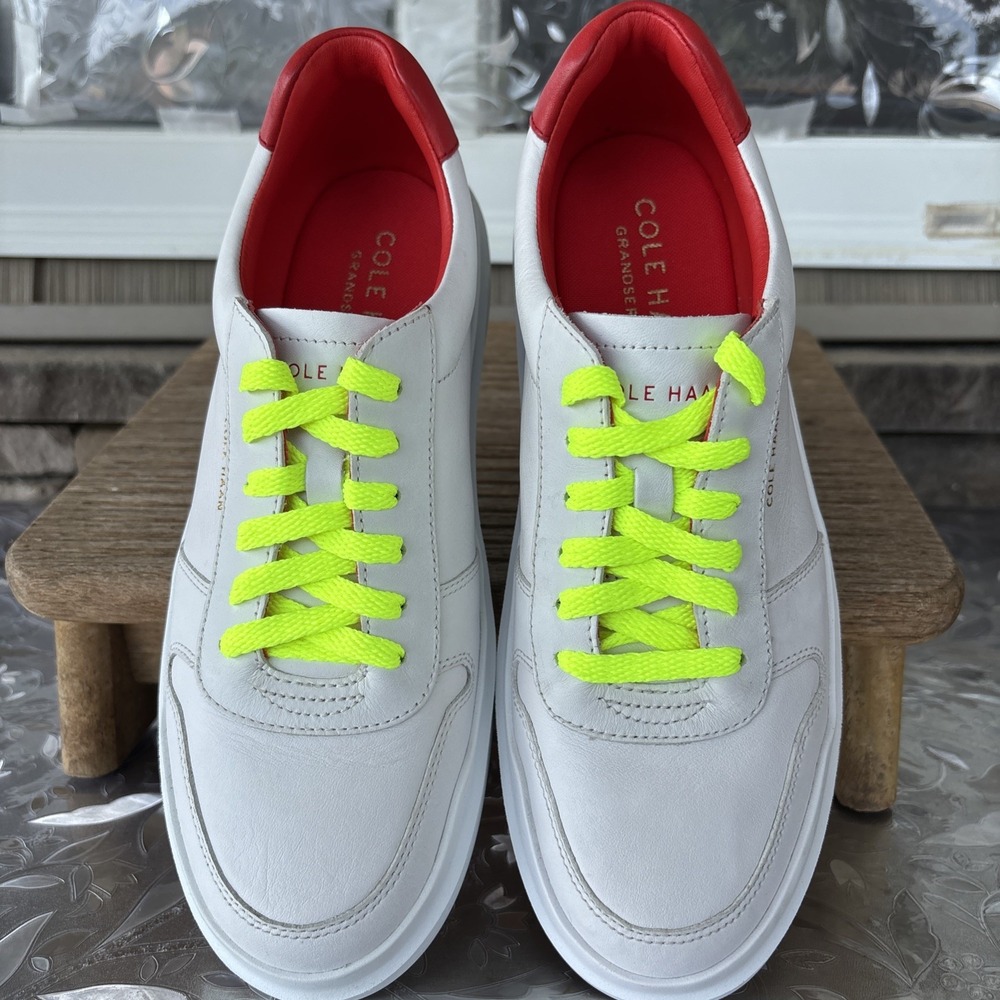 Cole Haan Grand Rally Court Sneaker Womens 9B White Leather Red Heel Low Top EUC